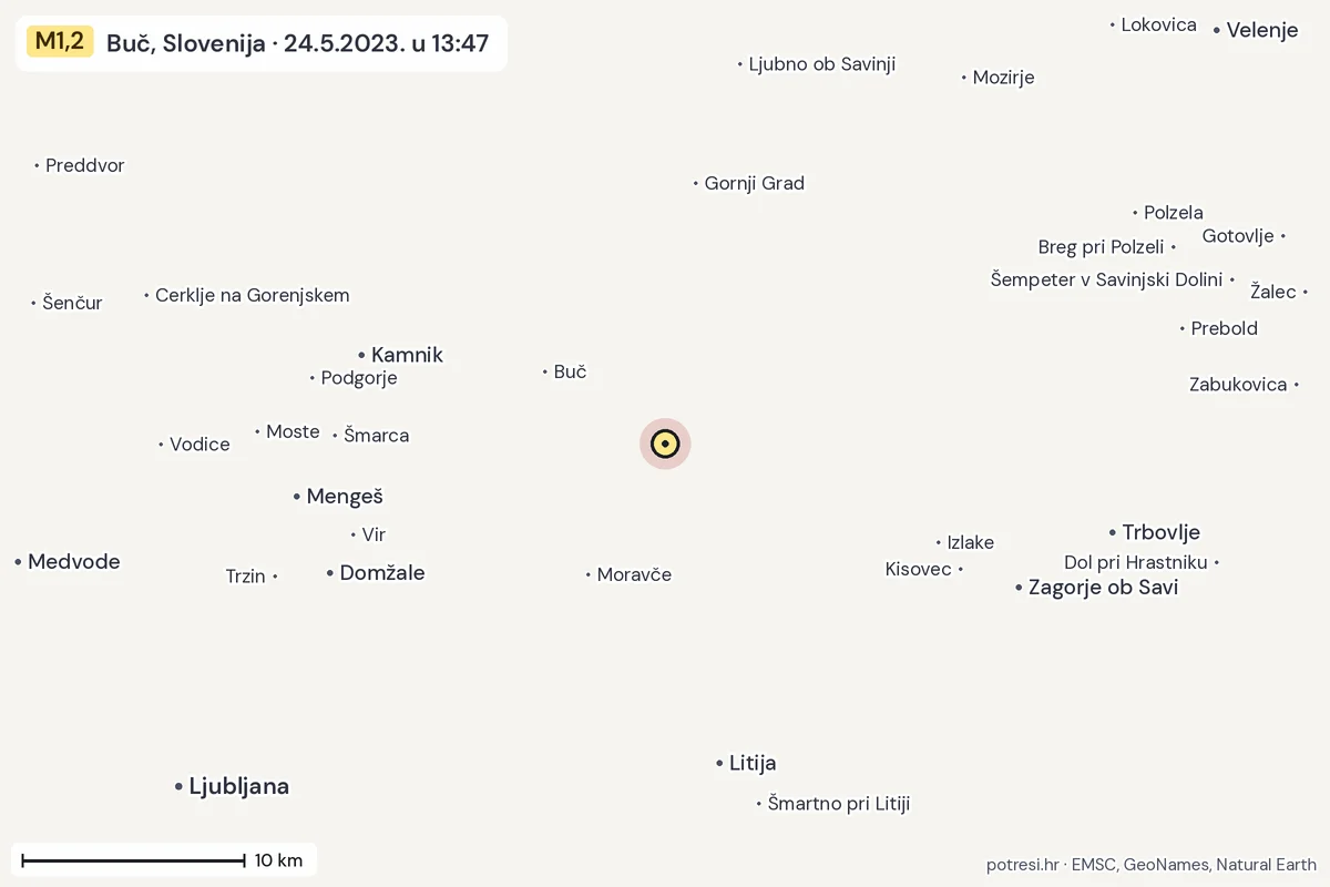 Karta: okolica epicentra, 60 km, potres M1,2, Buč, Slovenija, 24.5.2023.