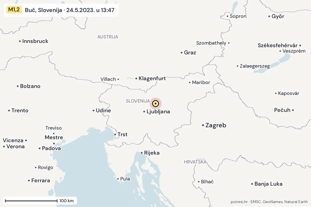 Karta: šire područje, 600 km, potres M1,2, Buč, Slovenija, 24.5.2023.