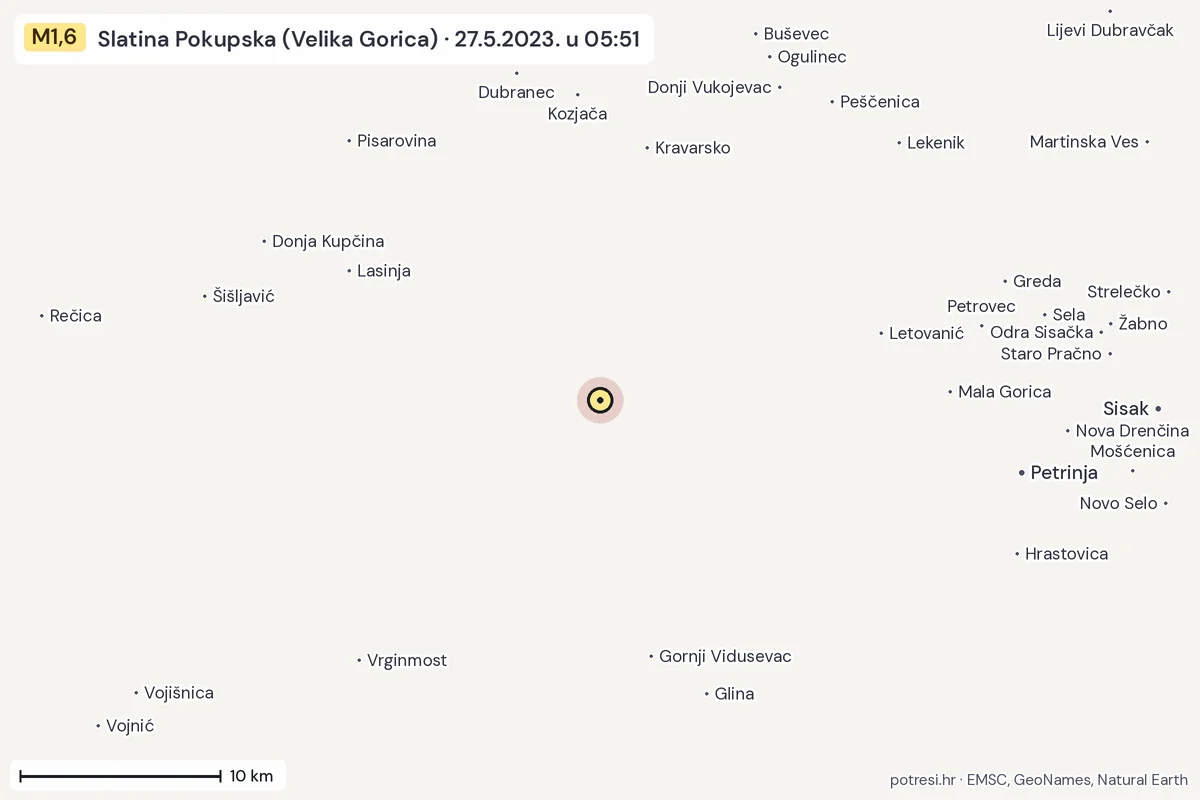 Karta: okolica epicentra, 60 km, potres M1,6, Slatina Pokupska (Velika Gorica), 27.5.2023.