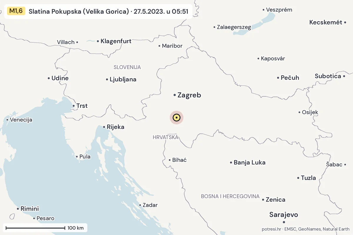 Karta: šire područje, 600 km, potres M1,6, Slatina Pokupska (Velika Gorica), 27.5.2023.