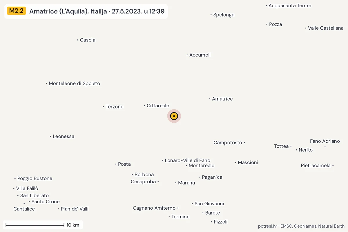 Karta: okolica epicentra, 60 km, potres M2,2, Amatrice (L'Aquila), Italija, 27.5.2023.