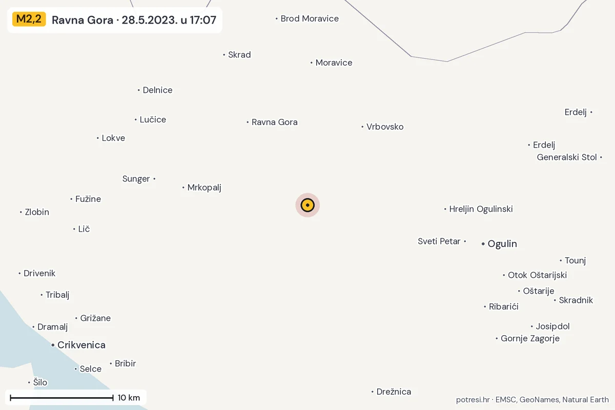 Karta: okolica epicentra, 60 km, potres M2,2, Ravna Gora, 28.5.2023.