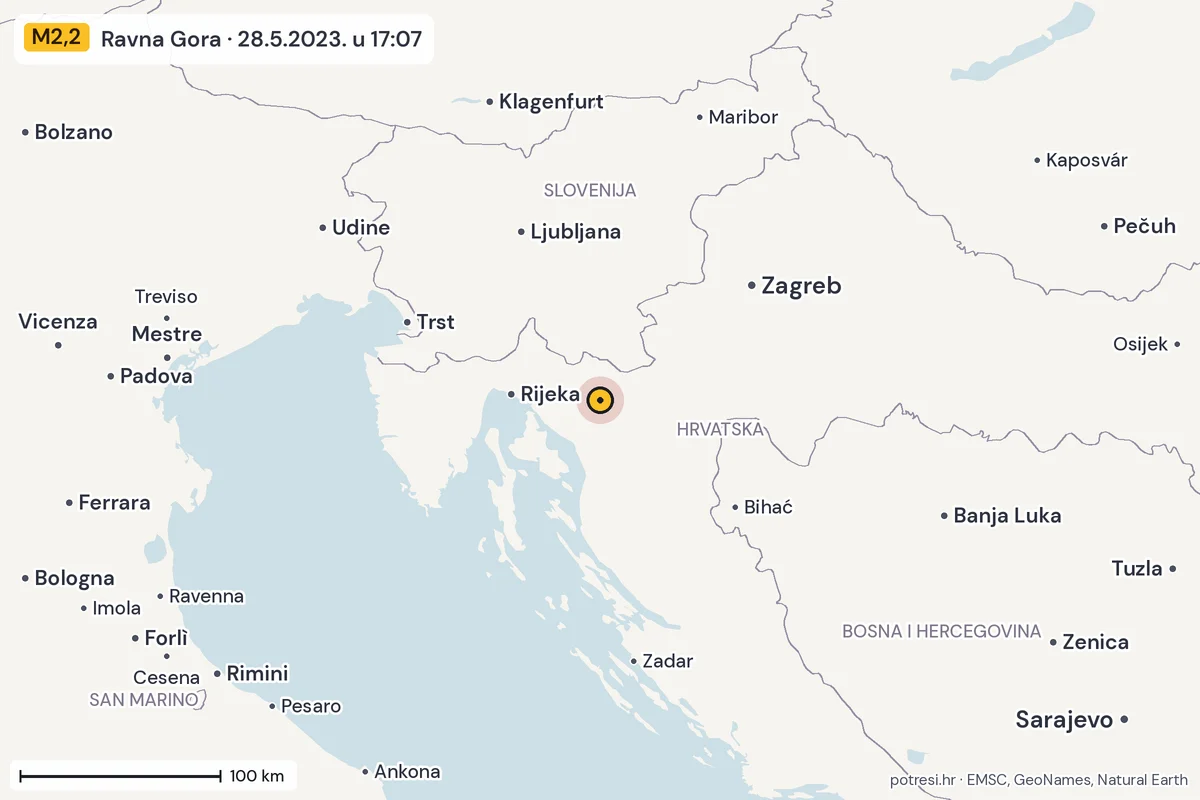 Karta: šire područje, 600 km, potres M2,2, Ravna Gora, 28.5.2023.