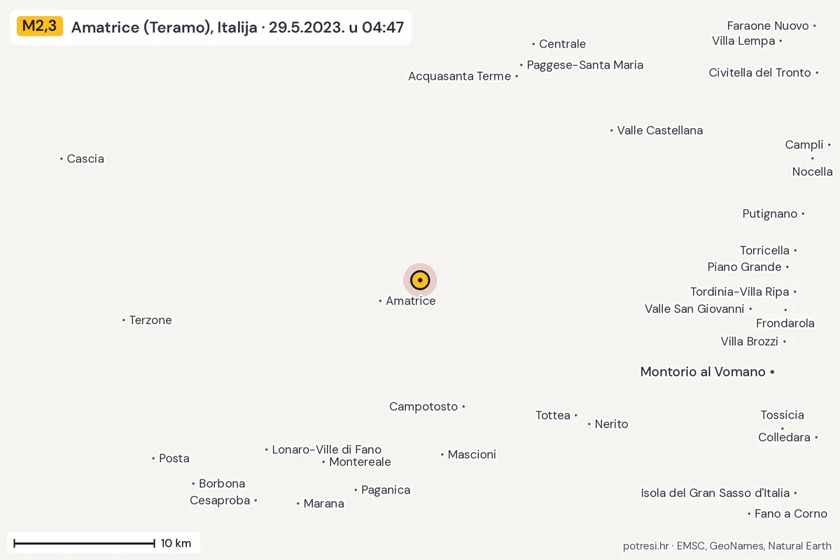 Karta: okolica epicentra, 60 km, potres M2,3, Amatrice (Teramo), Italija, 29.5.2023.