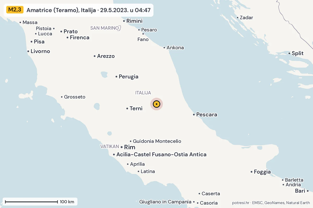 Karta: šire područje, 600 km, potres M2,3, Amatrice (Teramo), Italija, 29.5.2023.