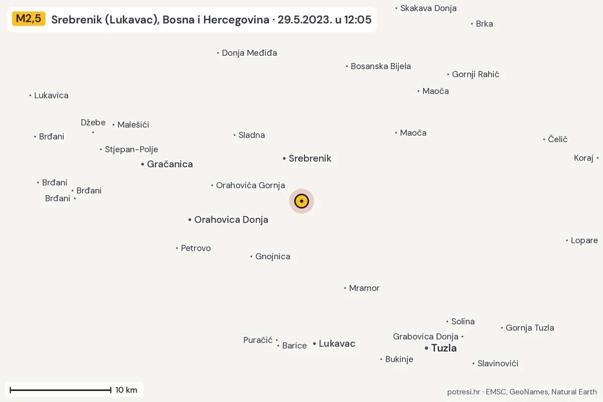 Karta: okolica epicentra, 60 km, potres M2,5, Srebrenik (Lukavac), Bosna i Hercegovina, 29.5.2023.
