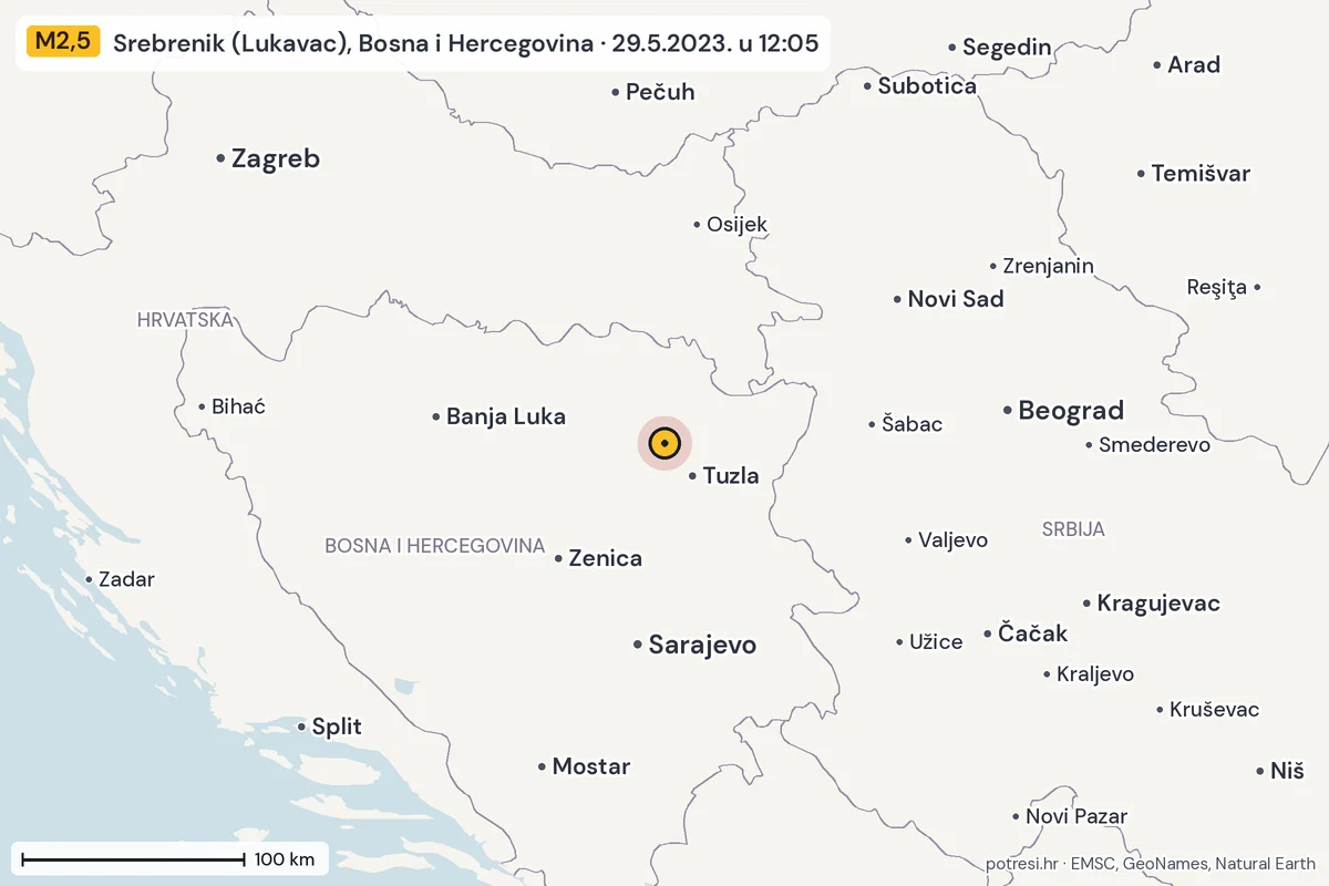 Karta: šire područje, 600 km, potres M2,5, Srebrenik (Lukavac), Bosna i Hercegovina, 29.5.2023.