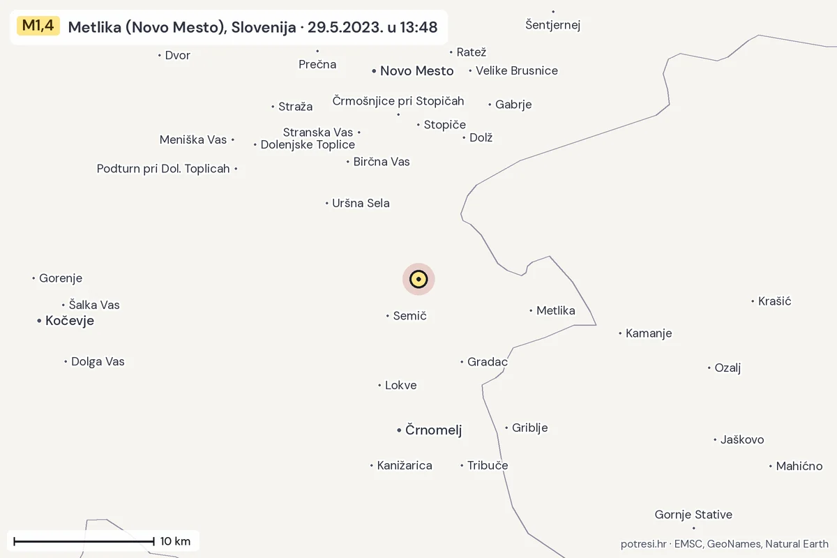 Karta: okolica epicentra, 60 km, potres M1,4, Metlika (Novo Mesto), Slovenija, 29.5.2023.