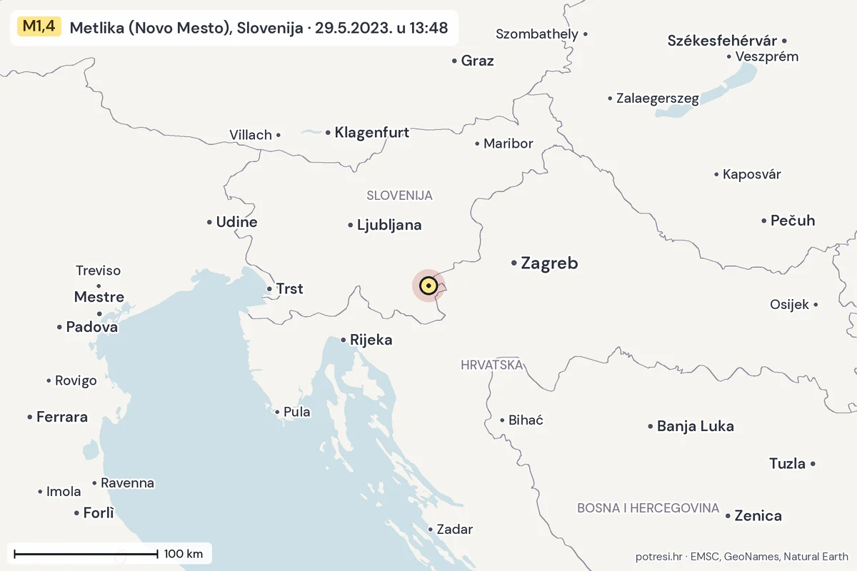 Karta: šire područje, 600 km, potres M1,4, Metlika (Novo Mesto), Slovenija, 29.5.2023.