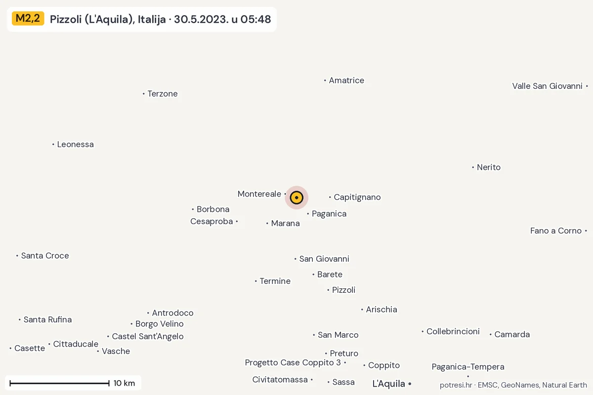 Karta: okolica epicentra, 60 km, potres M2,2, Pizzoli (L'Aquila), Italija, 30.5.2023.