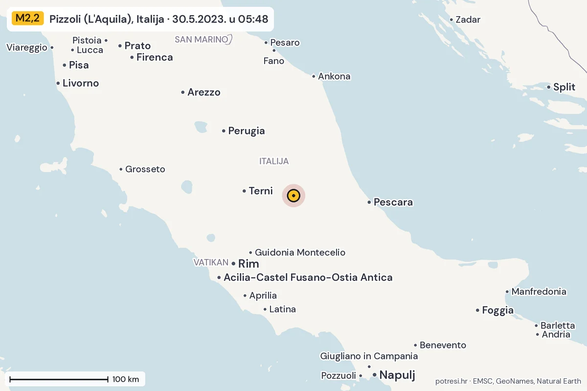 Karta: šire područje, 600 km, potres M2,2, Pizzoli (L'Aquila), Italija, 30.5.2023.