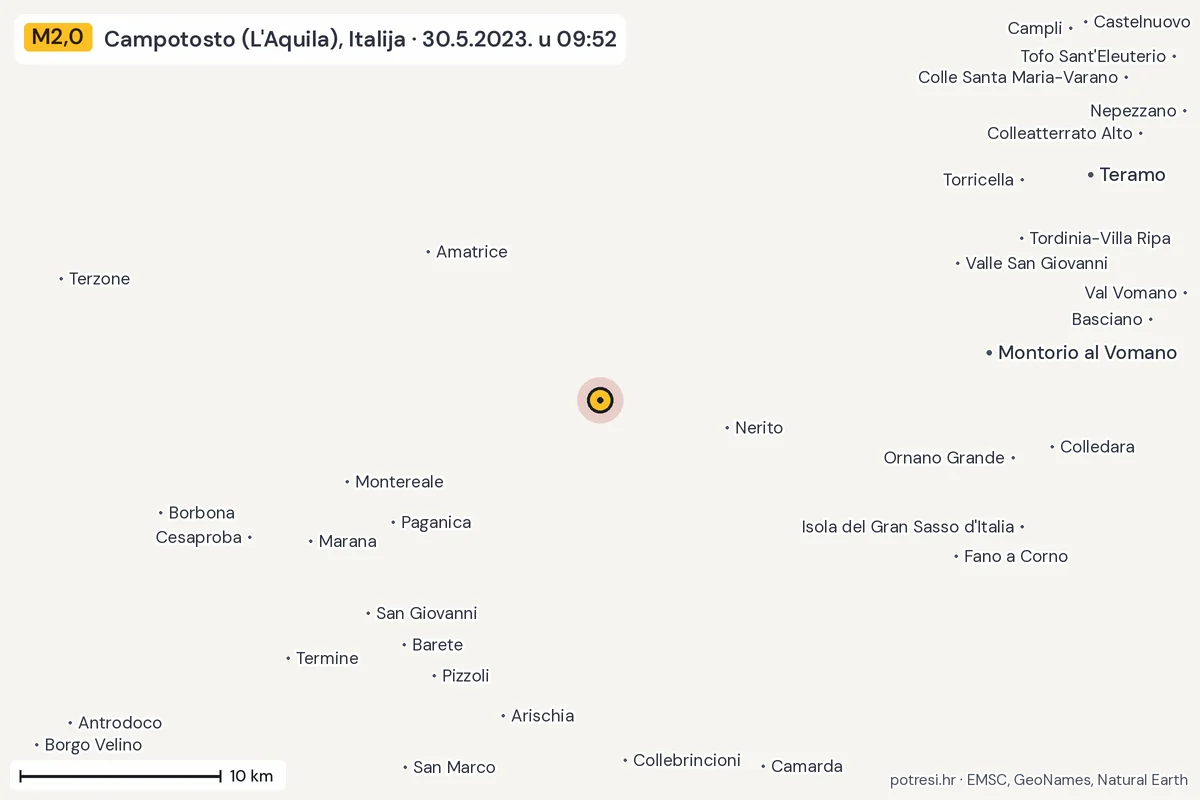 Karta: okolica epicentra, 60 km, potres M2,0, Campotosto (L'Aquila), Italija, 30.5.2023.