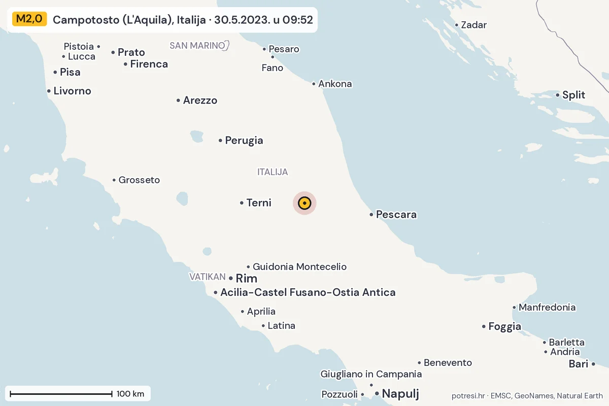 Karta: šire područje, 600 km, potres M2,0, Campotosto (L'Aquila), Italija, 30.5.2023.