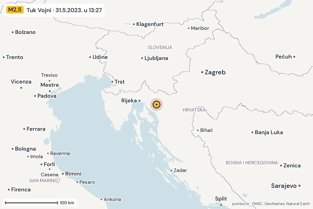 Karta: šire područje, 600 km, potres M2,5, Tuk Vojni, 31.5.2023.