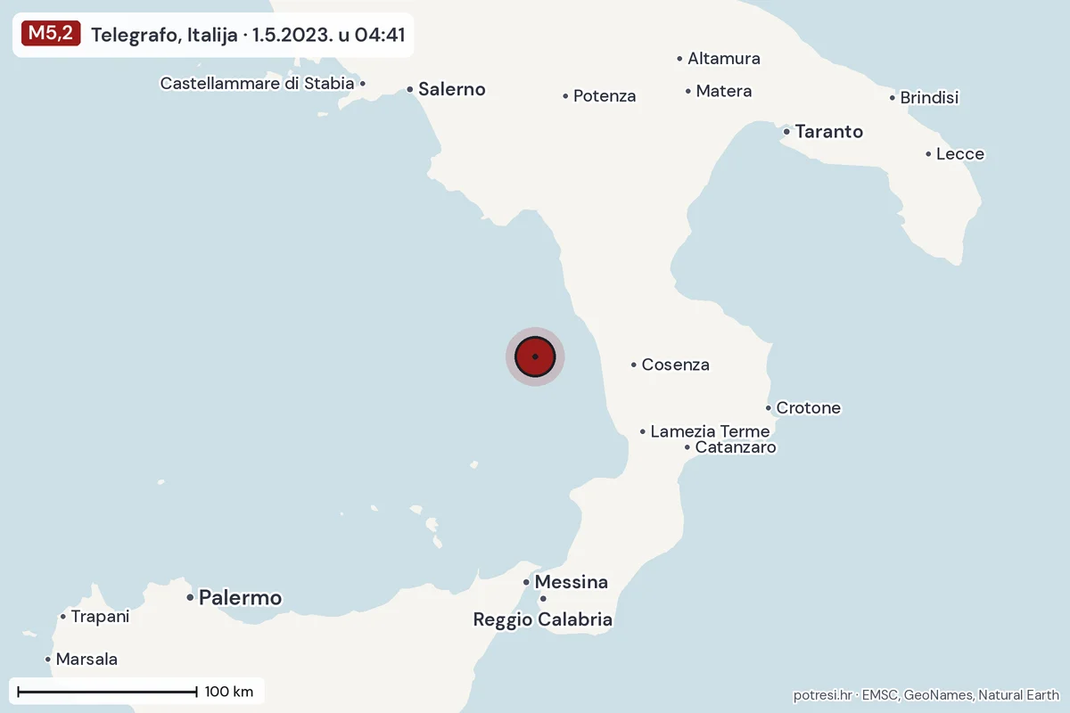 Karta: šire područje, 600 km, potres M5,2, Telegrafo, Italija, 1.5.2023.