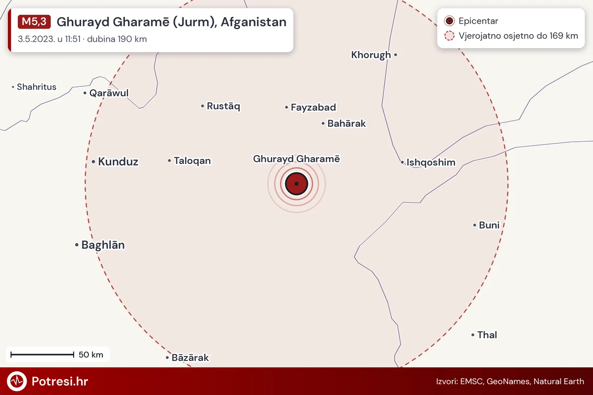 Karta: šire područje i vjerojatni doseg osjeta, potres M5,3, Ghurayd Gharamē (Jurm), Afganistan, 3.5.2023.