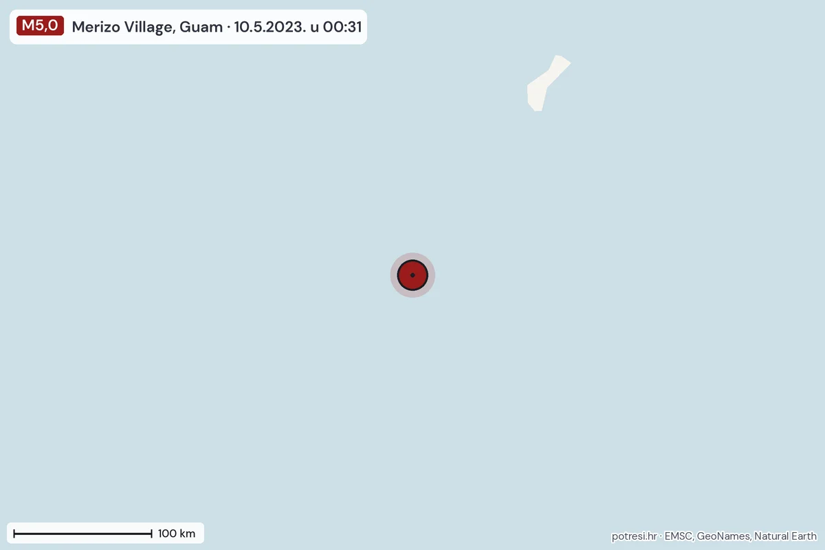 Karta: šire područje, 600 km, potres M5,0, Merizo Village, Guam, 10.5.2023.