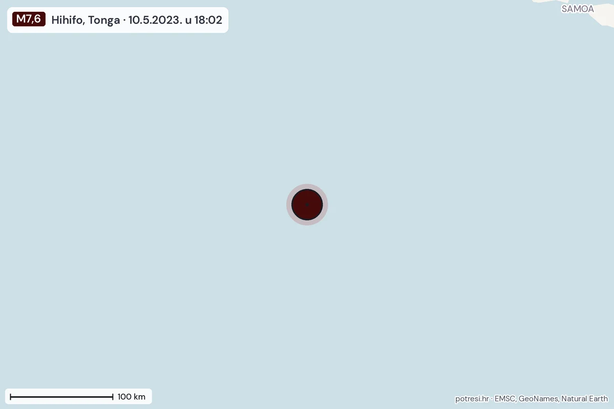 Karta: šire područje, 600 km, potres M7,6, Hihifo, Tonga, 10.5.2023.