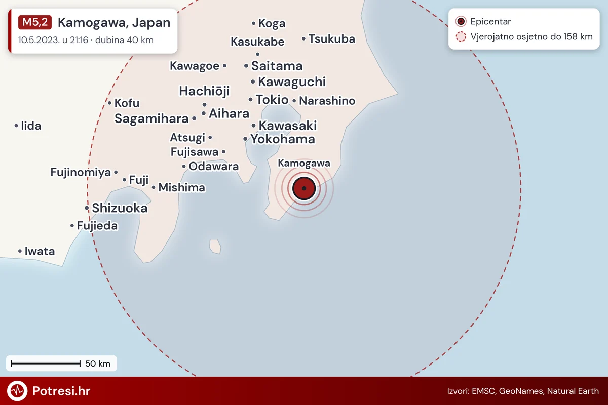 Karta: šire područje i vjerojatni doseg osjeta, potres M5,2, Kamogawa, Japan, 10.5.2023.