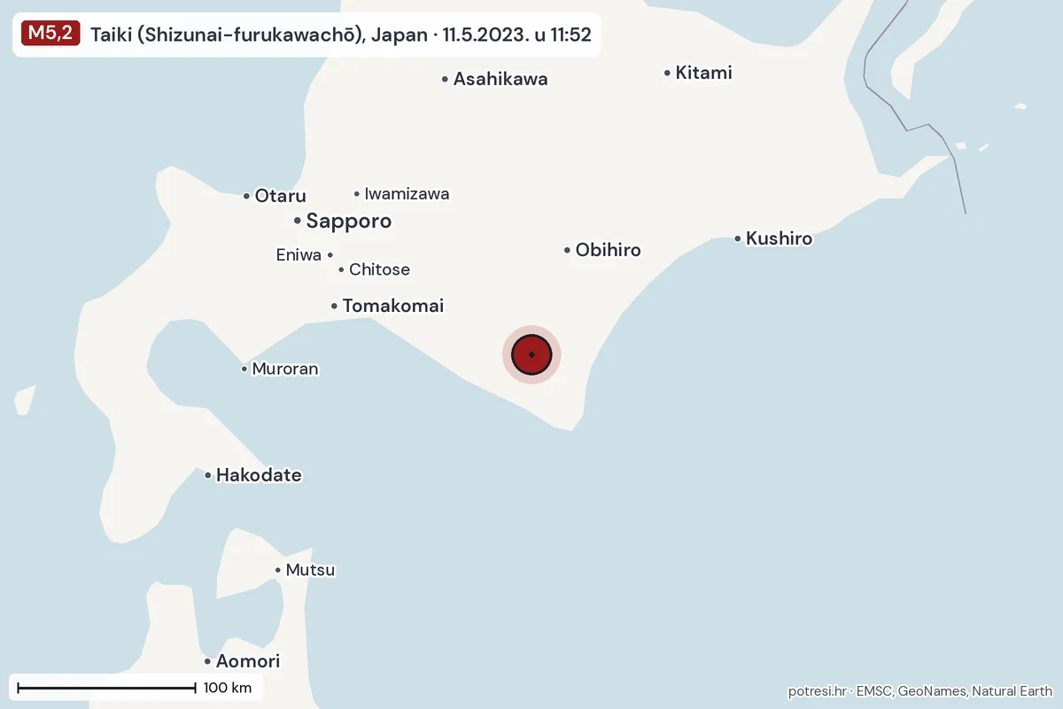 Karta: šire područje, 600 km, potres M5,2, Taiki (Shizunai-furukawachō), Japan, 11.5.2023.
