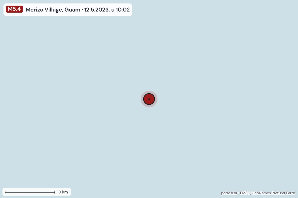 Karta: okolica epicentra, 60 km, potres M5,4, Merizo Village, Guam, 12.5.2023.