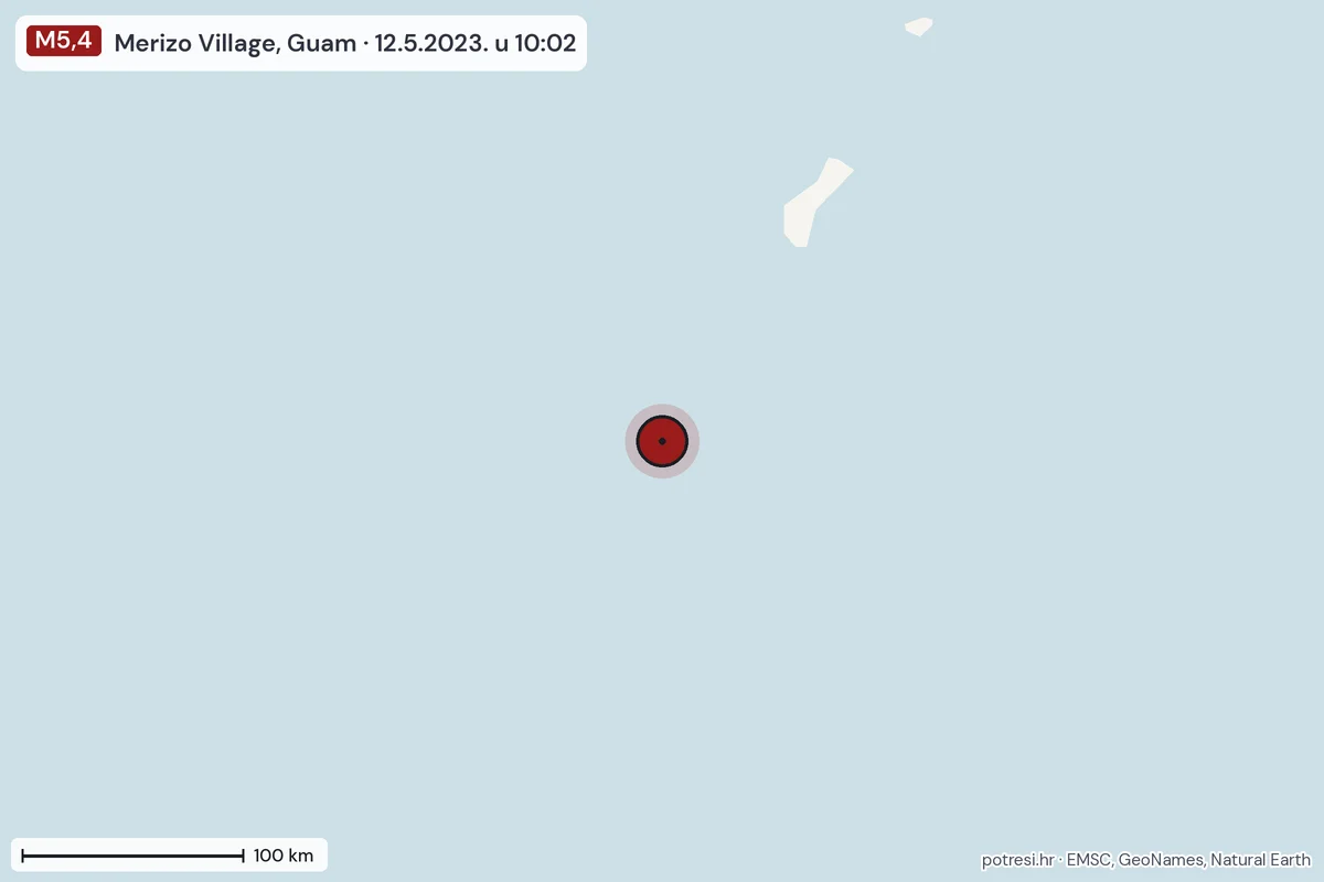 Karta: šire područje, 600 km, potres M5,4, Merizo Village, Guam, 12.5.2023.