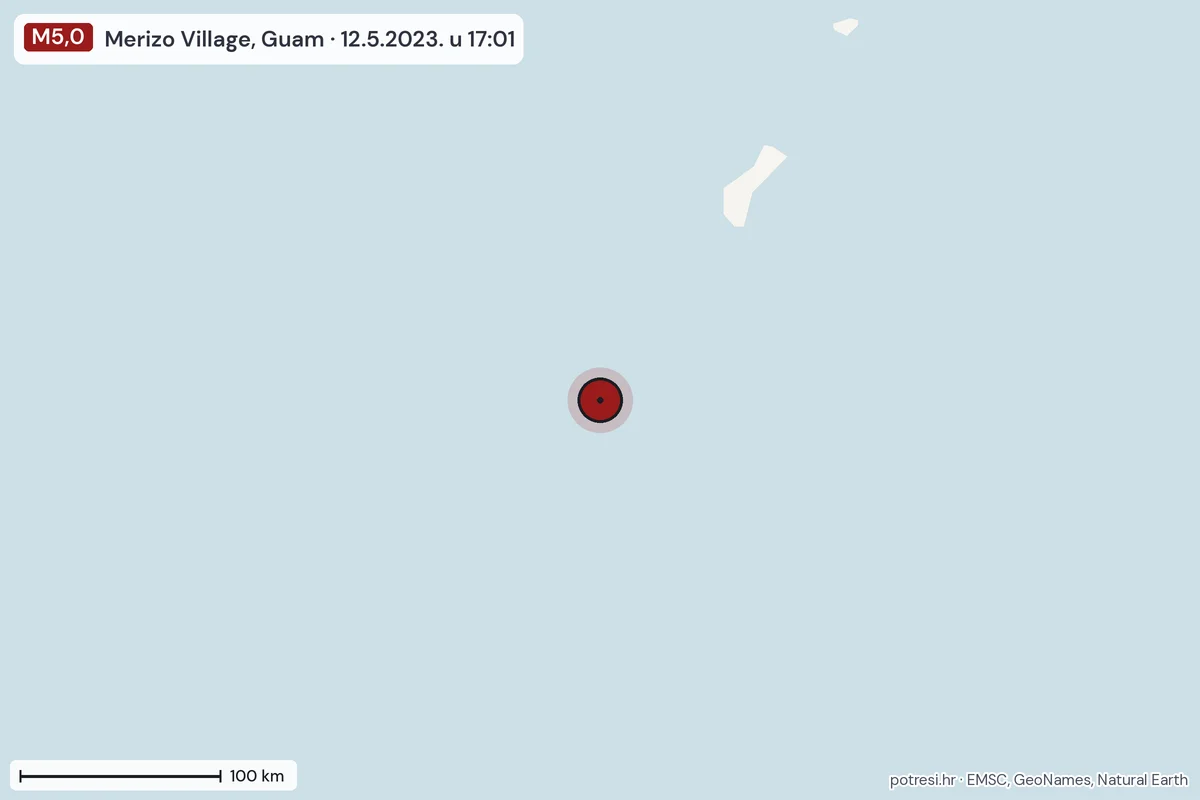 Karta: šire područje, 600 km, potres M5,0, Merizo Village, Guam, 12.5.2023.