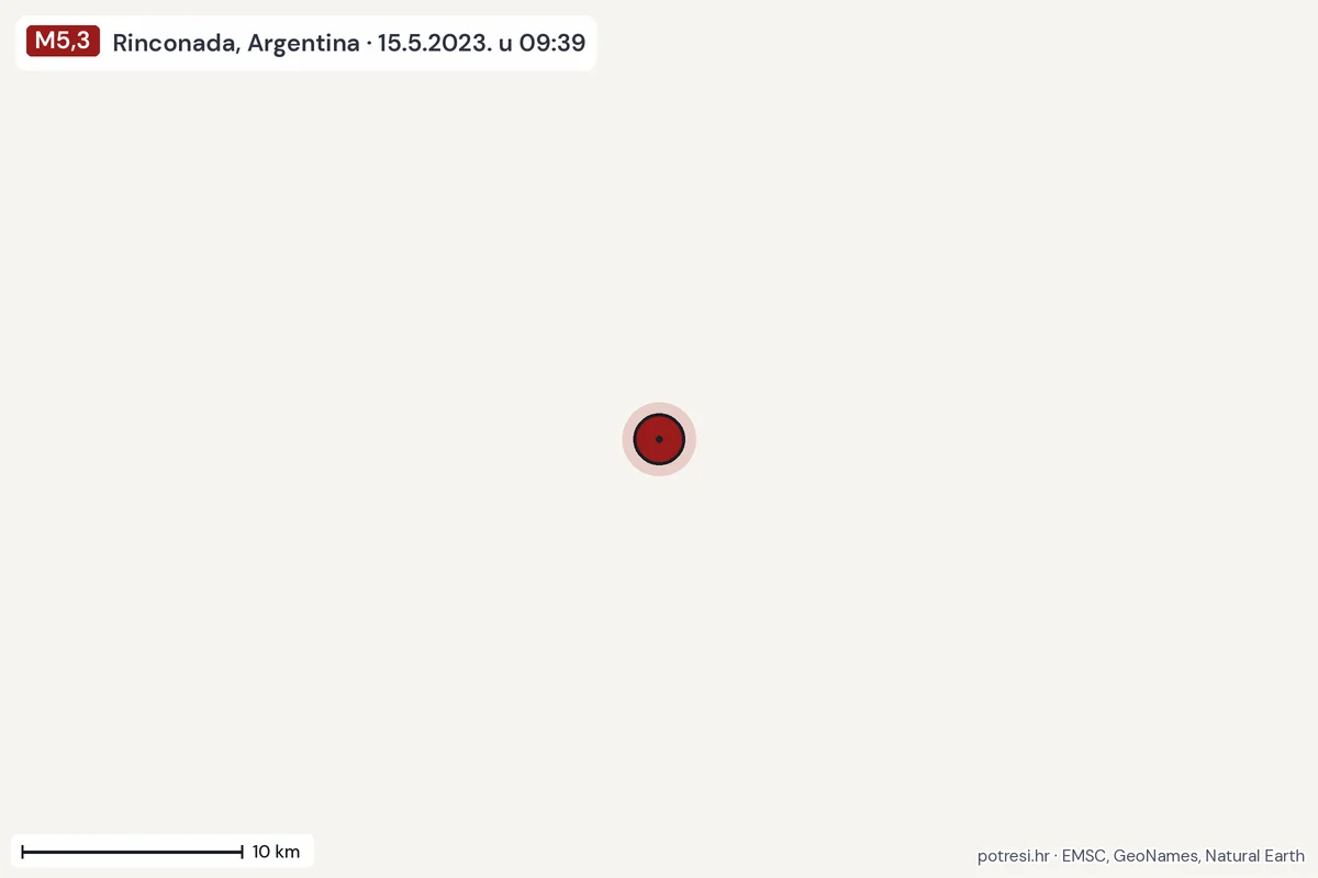 Karta: okolica epicentra, 60 km, potres M5,3, Rinconada, Argentina, 15.5.2023.