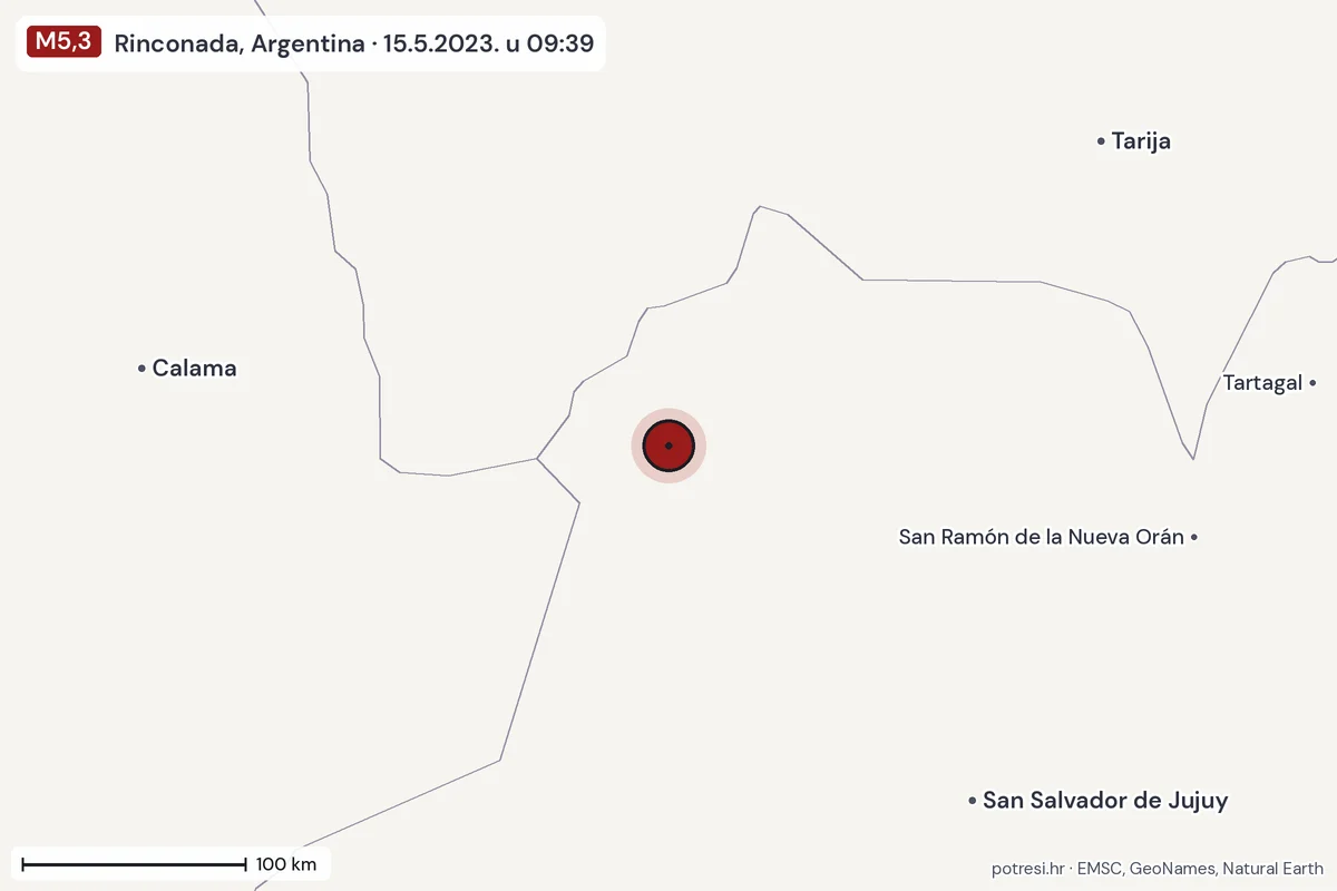 Karta: šire područje, 600 km, potres M5,3, Rinconada, Argentina, 15.5.2023.