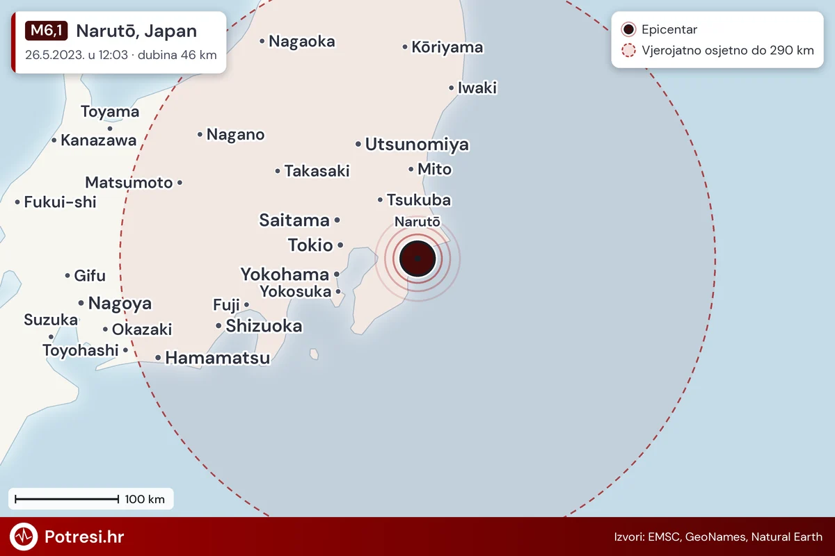 Karta: šire područje i vjerojatni doseg osjeta, potres M6,1, Narutō, Japan, 26.5.2023.