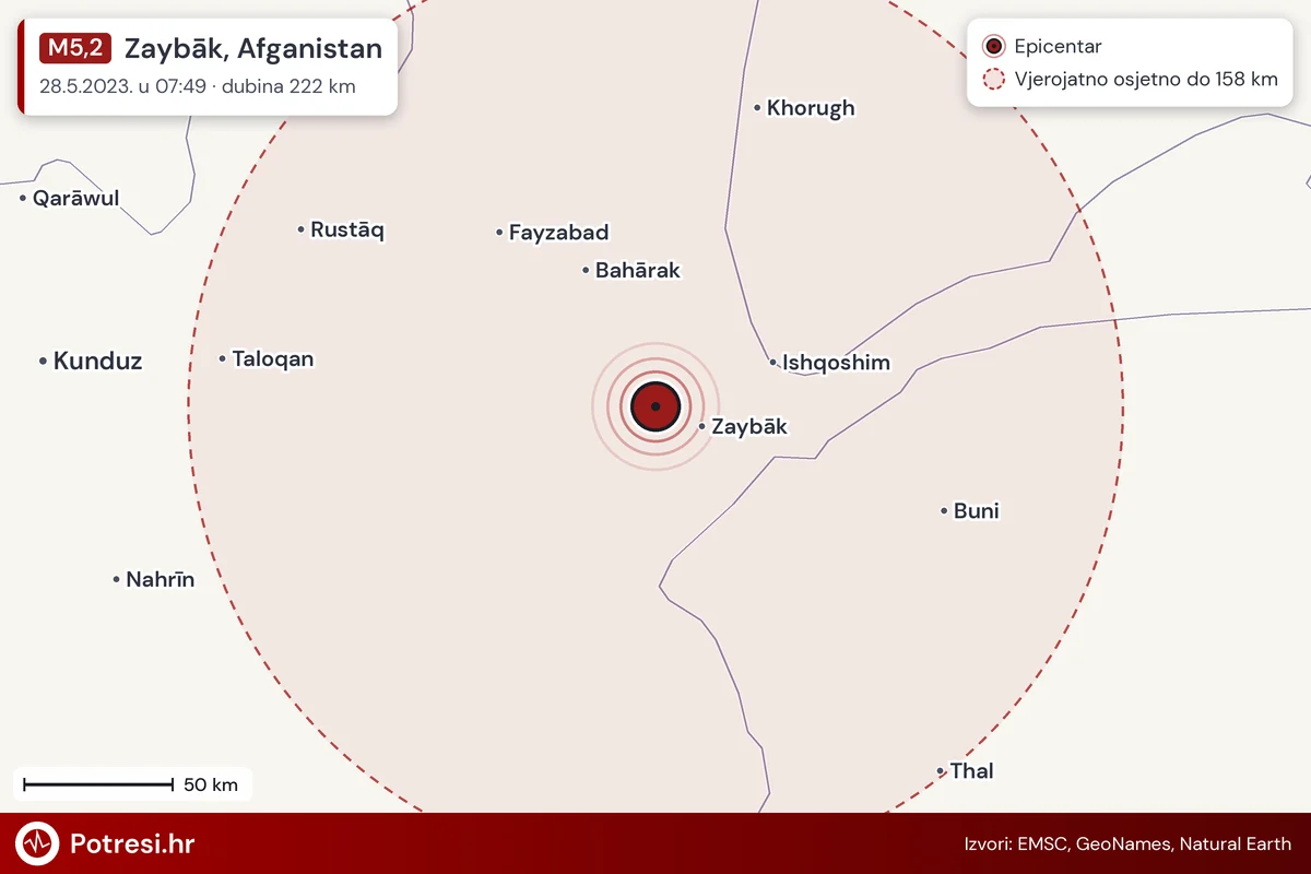 Karta: šire područje i vjerojatni doseg osjeta, potres M5,2, Zaybāk, Afganistan, 28.5.2023.