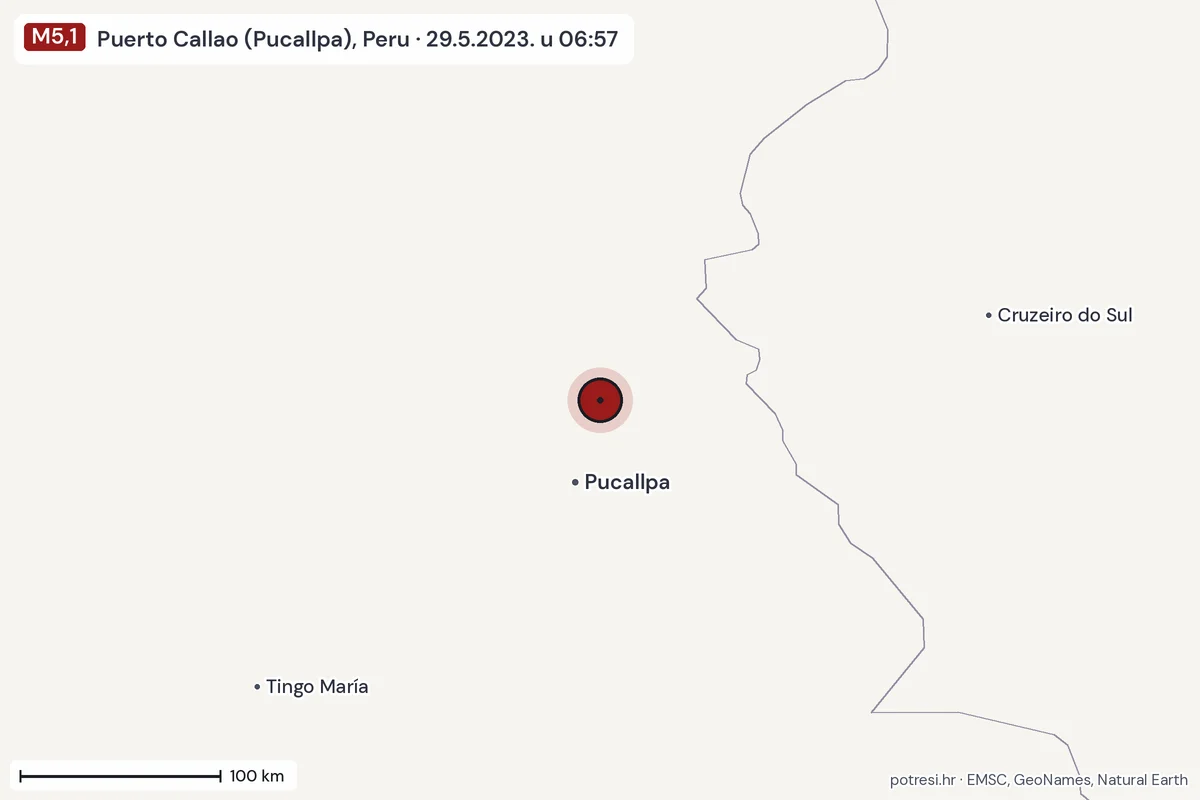 Karta: šire područje, 600 km, potres M5,1, Puerto Callao (Pucallpa), Peru, 29.5.2023.