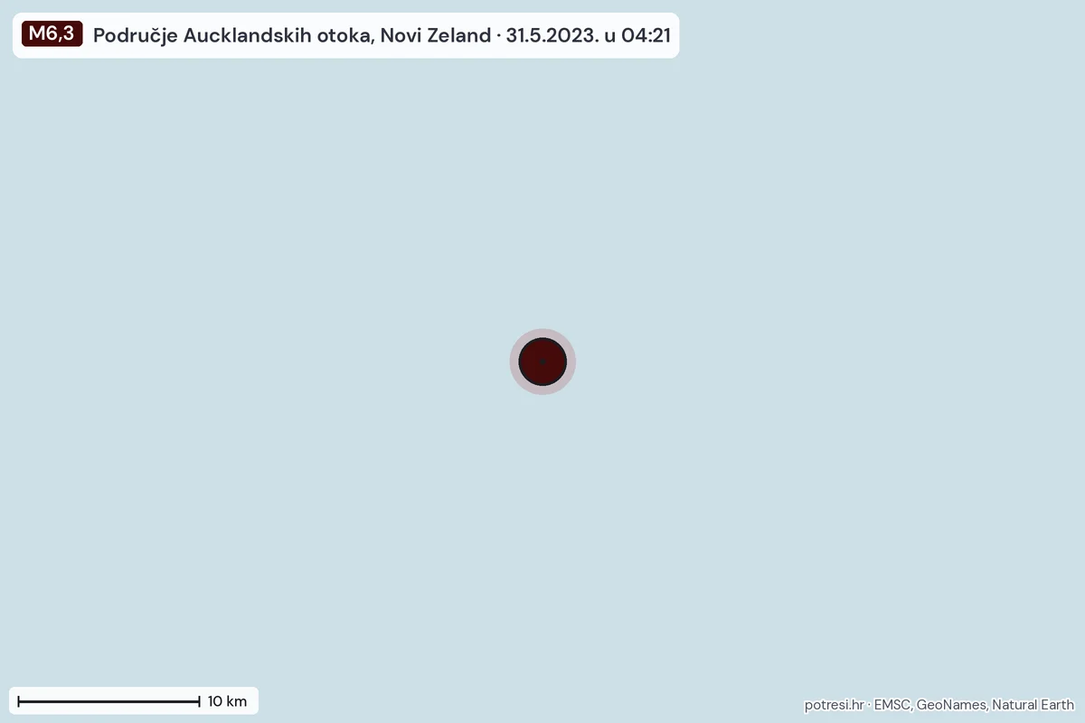 Karta: okolica epicentra, 60 km, potres M6,3, Područje Aucklandskih otoka, Novi Zeland, 31.5.2023.