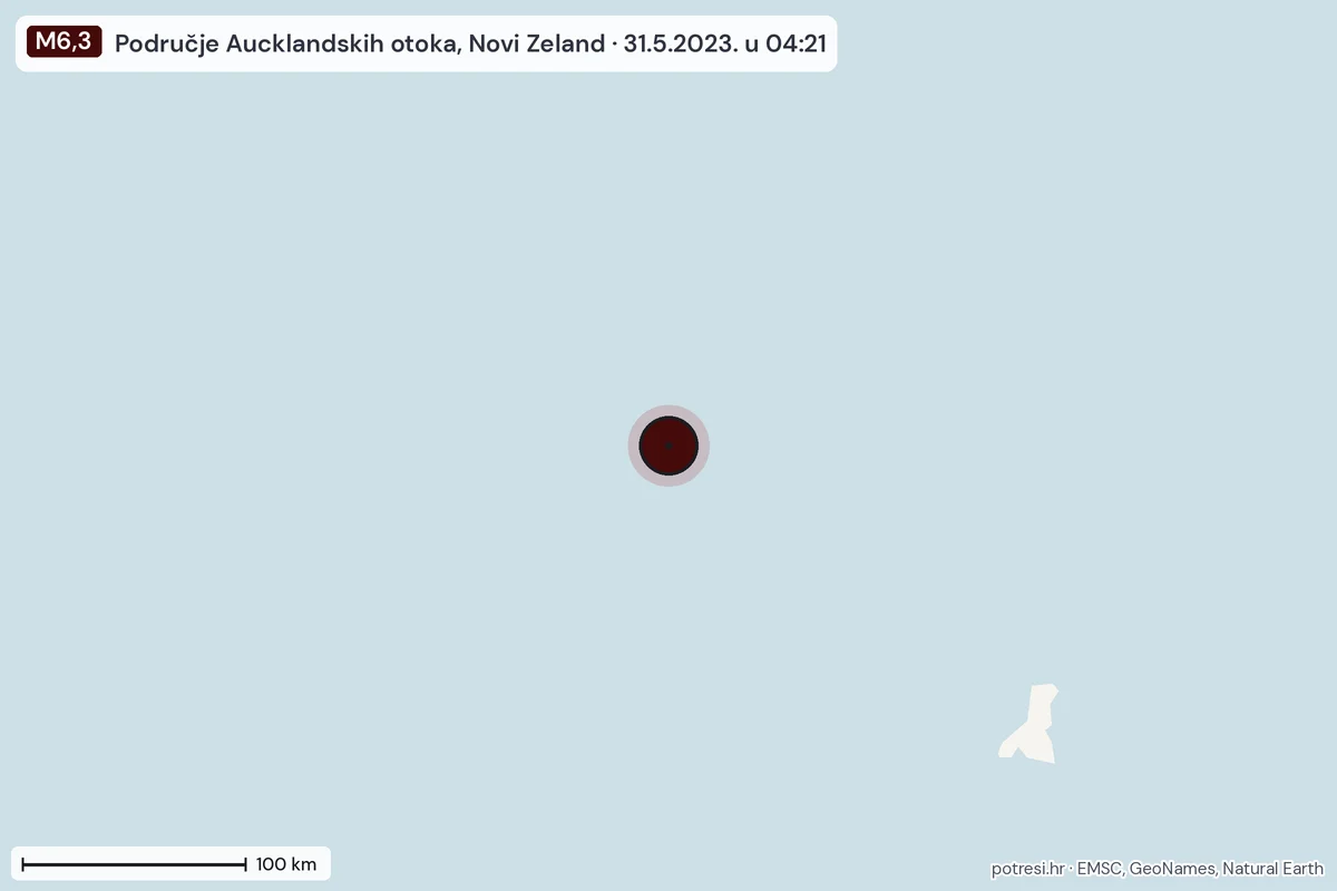 Karta: šire područje, 600 km, potres M6,3, Područje Aucklandskih otoka, Novi Zeland, 31.5.2023.