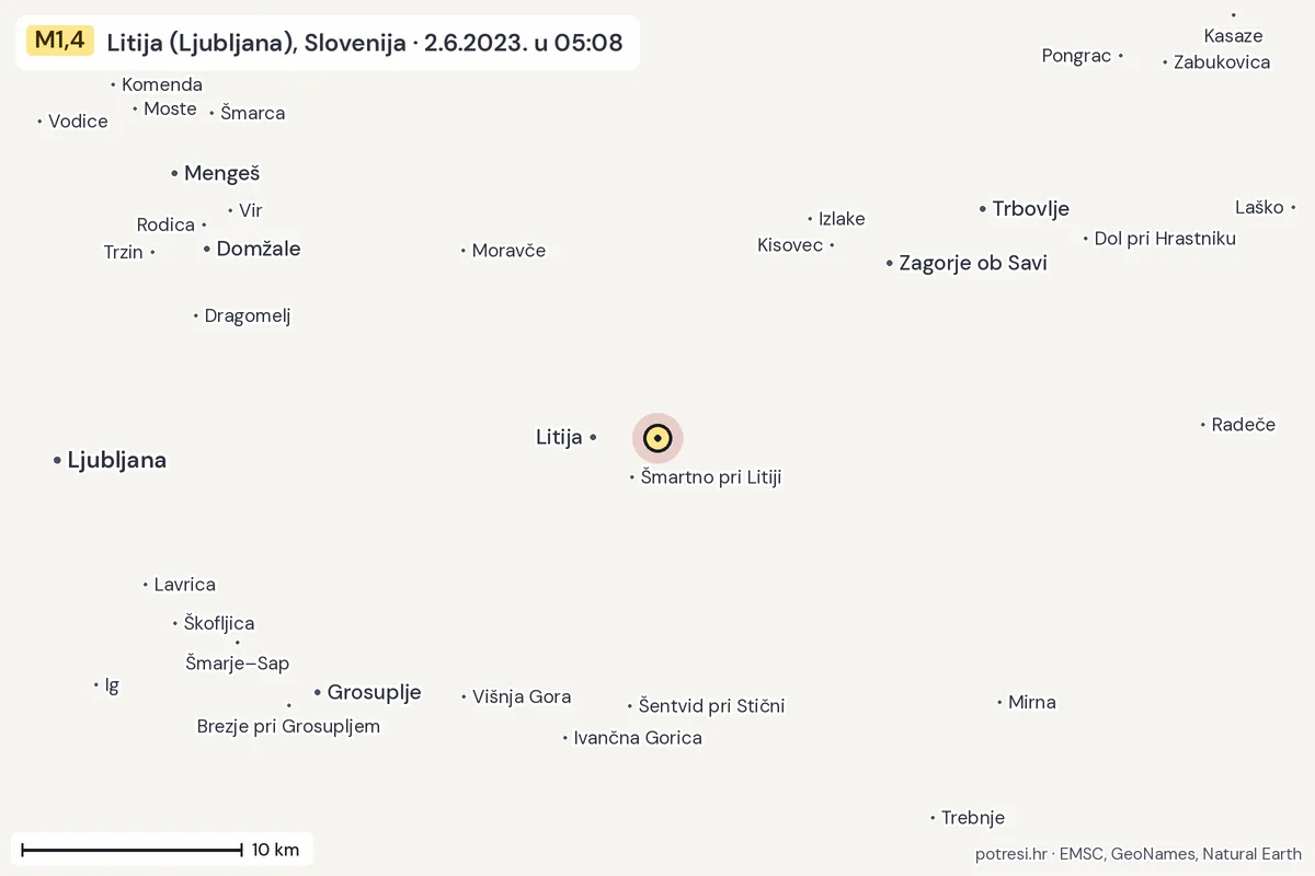 Karta: okolica epicentra, 60 km, potres M1,4, Litija (Ljubljana), Slovenija, 2.6.2023.