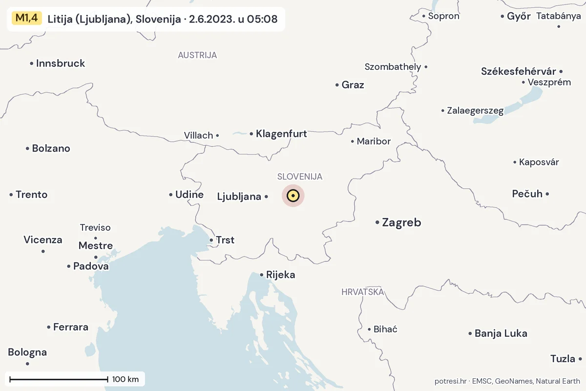 Karta: šire područje, 600 km, potres M1,4, Litija (Ljubljana), Slovenija, 2.6.2023.