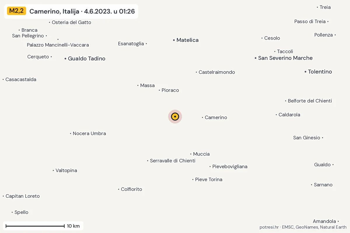 Karta: okolica epicentra, 60 km, potres M2,2, Camerino, Italija, 4.6.2023.