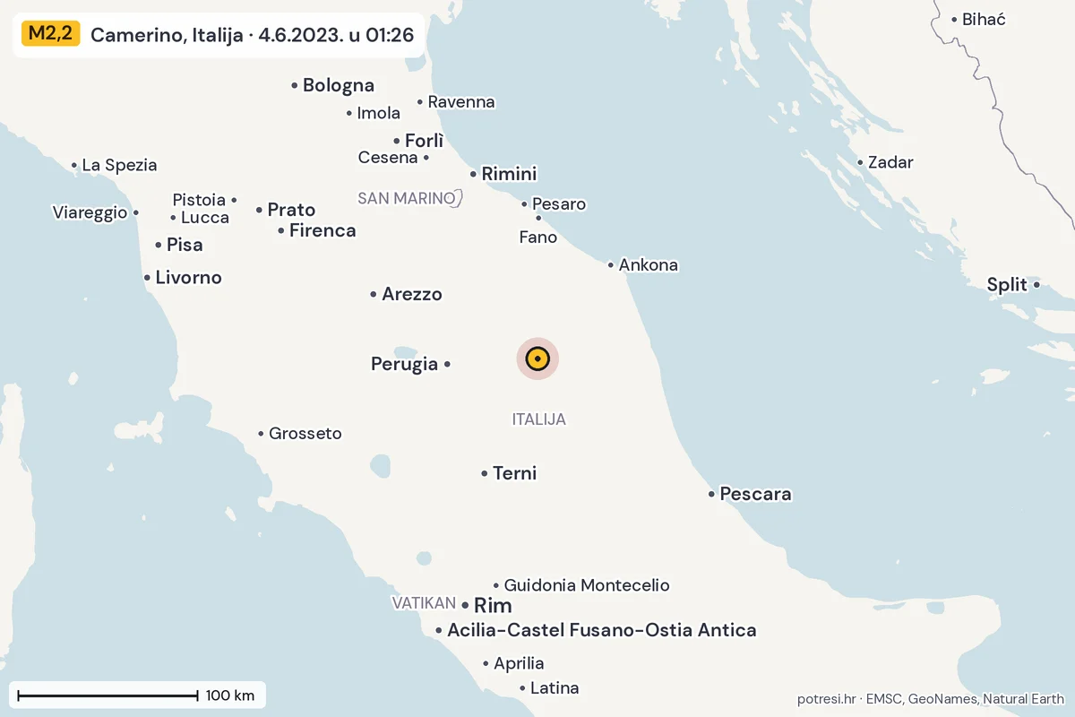 Karta: šire područje, 600 km, potres M2,2, Camerino, Italija, 4.6.2023.