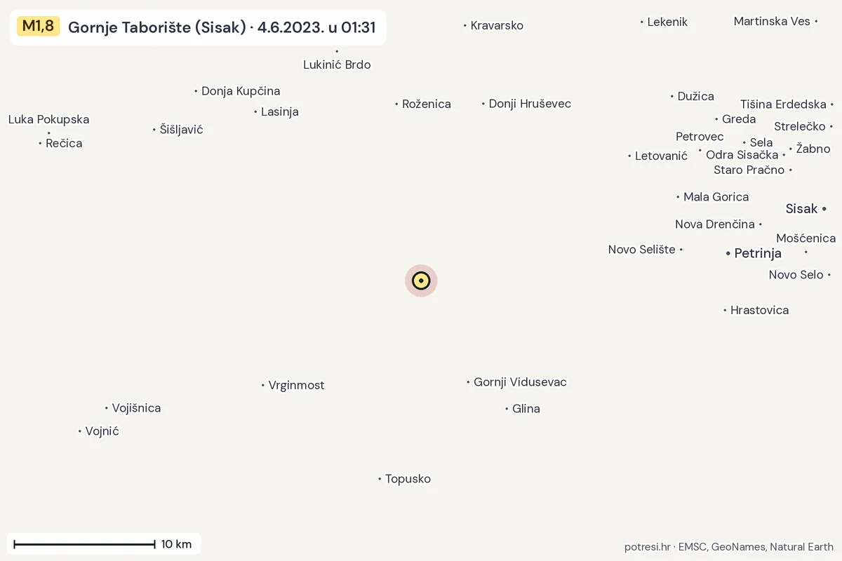 Karta: okolica epicentra, 60 km, potres M1,8, Gornje Taborište (Sisak), 4.6.2023.