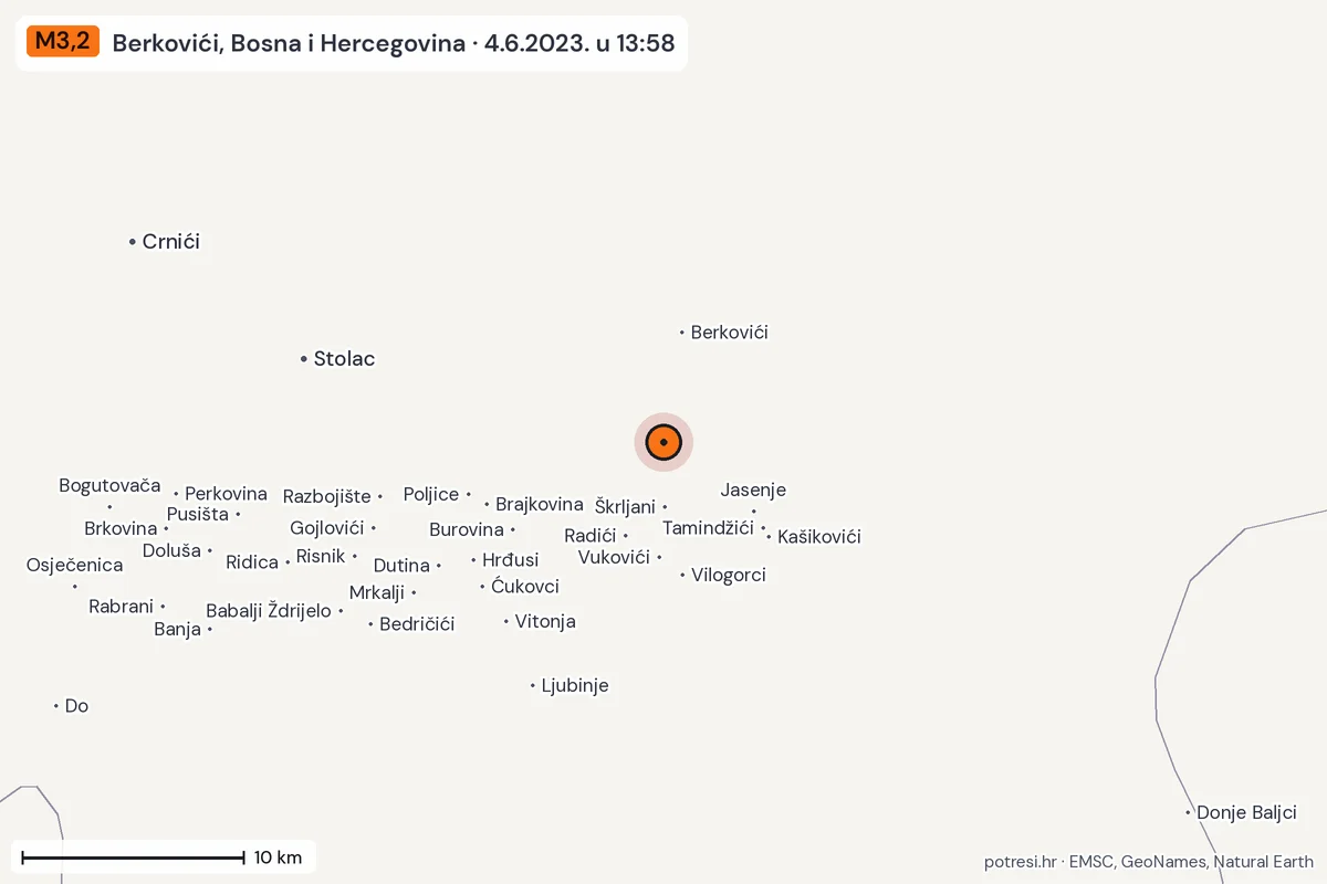 Karta: okolica epicentra, 60 km, potres M3,2, Berkovići, Bosna i Hercegovina, 4.6.2023.
