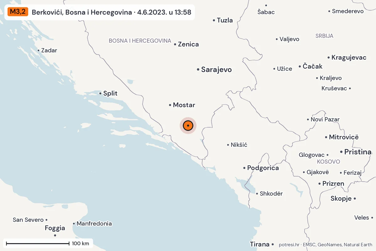 Karta: šire područje, 600 km, potres M3,2, Berkovići, Bosna i Hercegovina, 4.6.2023.
