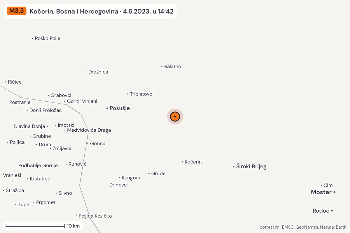 Karta: okolica epicentra, 60 km, potres M3,3, Kočerin, Bosna i Hercegovina, 4.6.2023.