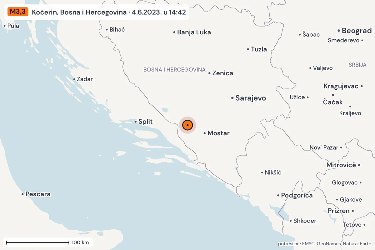 Karta: šire područje, 600 km, potres M3,3, Kočerin, Bosna i Hercegovina, 4.6.2023.