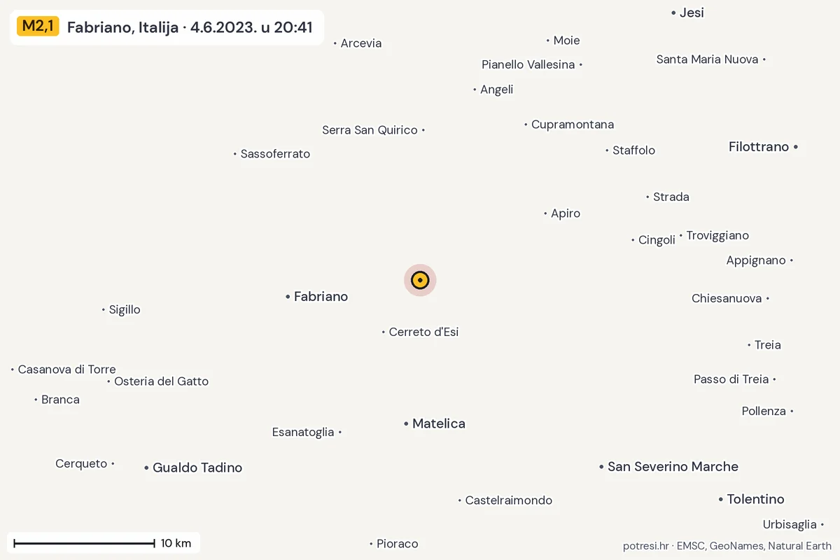Karta: okolica epicentra, 60 km, potres M2,1, Fabriano, Italija, 4.6.2023.