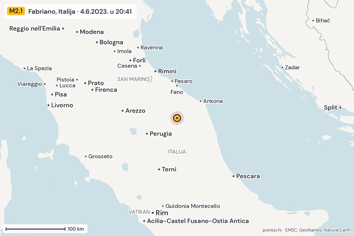 Karta: šire područje, 600 km, potres M2,1, Fabriano, Italija, 4.6.2023.