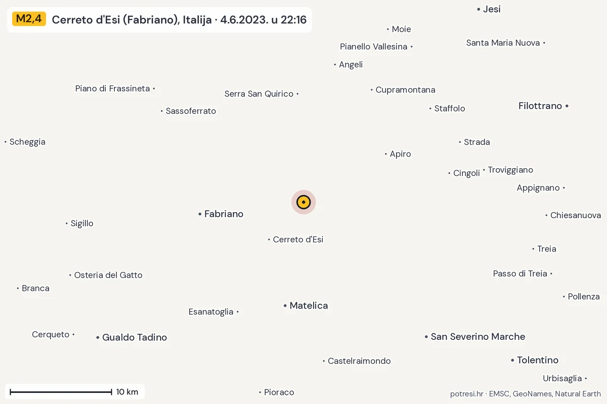 Karta: okolica epicentra, 60 km, potres M2,4, Cerreto d'Esi (Fabriano), Italija, 4.6.2023.