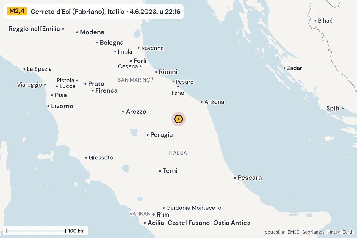 Karta: šire područje, 600 km, potres M2,4, Cerreto d'Esi (Fabriano), Italija, 4.6.2023.