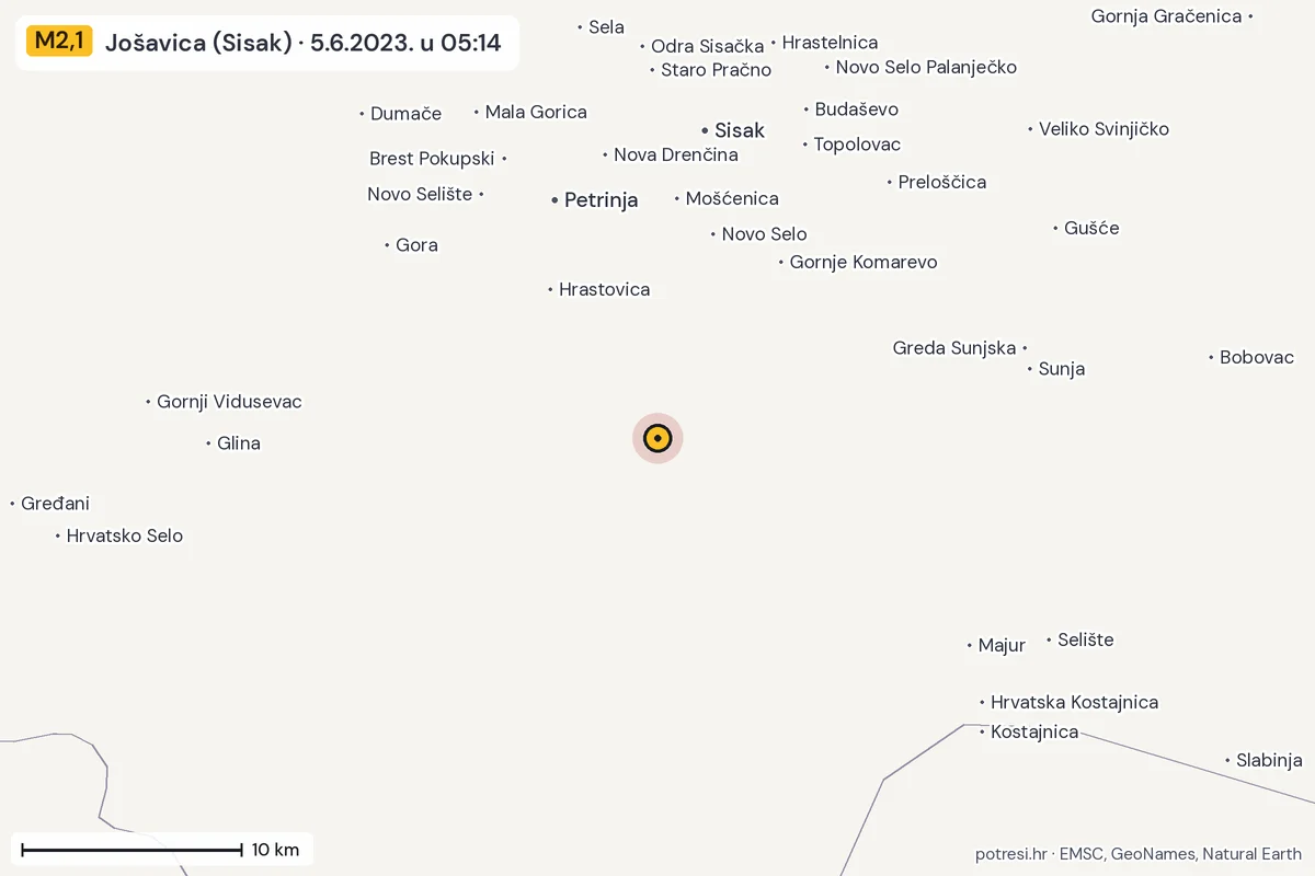 Karta: okolica epicentra, 60 km, potres M2,1, Jošavica (Sisak), 5.6.2023.