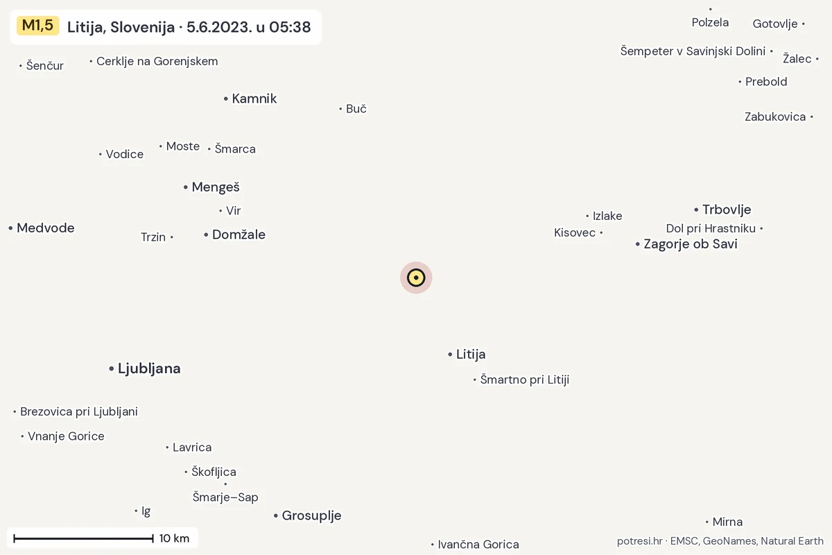 Karta: okolica epicentra, 60 km, potres M1,5, Litija, Slovenija, 5.6.2023.