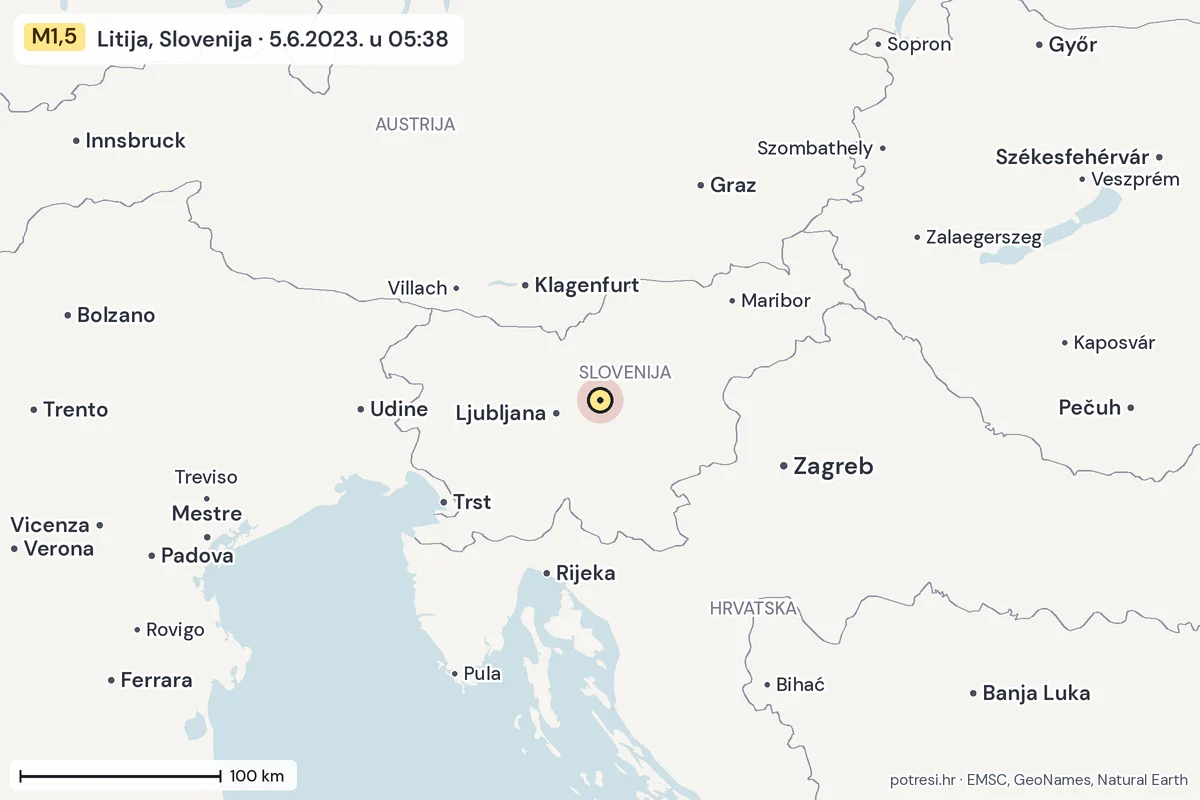 Karta: šire područje, 600 km, potres M1,5, Litija, Slovenija, 5.6.2023.